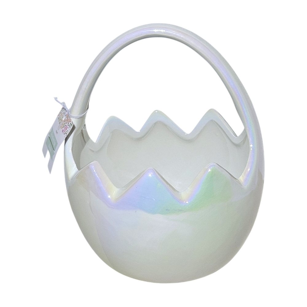 Bullseye's Playground Easter Cracked Egg Basket White Iridescent Ceramic